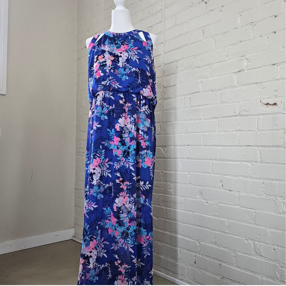 Flowy Ethereal Floral Maxi Dress XXL | Blue Pink Halter Keyhole | Summer Gown